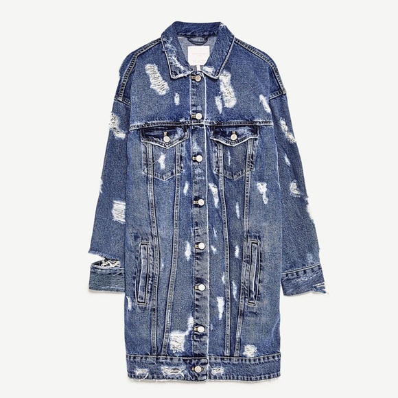 Zara Women's Distressed Button Down Long Length Medium Wash Denim Jacket - Picture 2 of 16